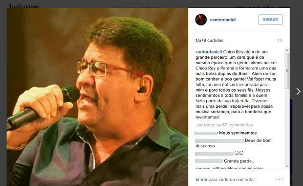 Cantor Daniel lamentou no Instagram morte do colega sertanejo (Foto: Reprodução/Instagram)