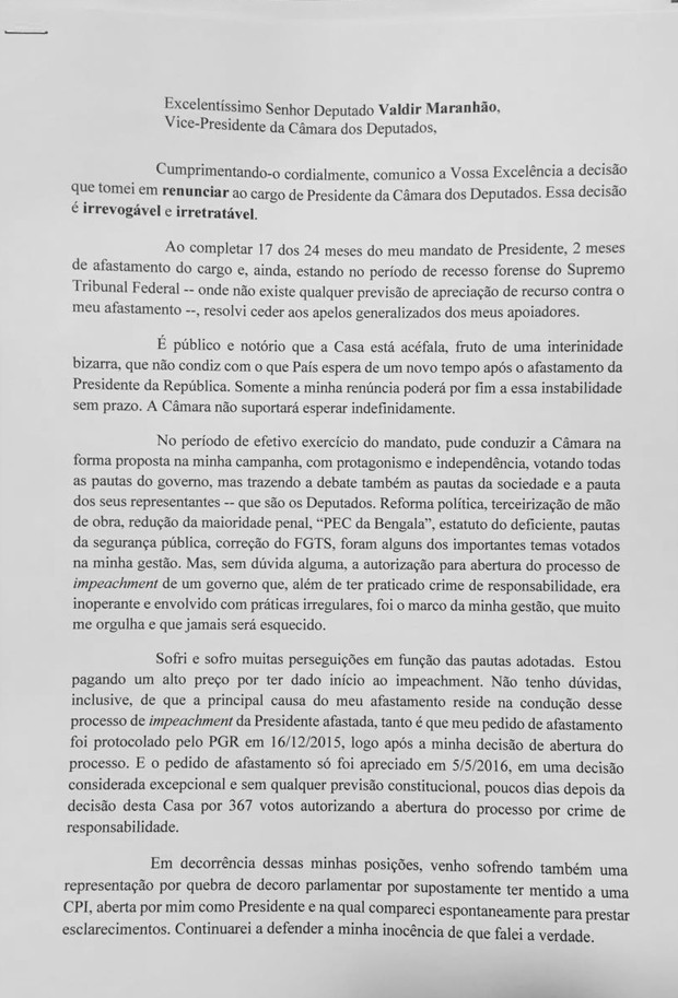  Carta de renúncia de Eduardo Cunha à presidência da Câmara (Foto: Reprodução)